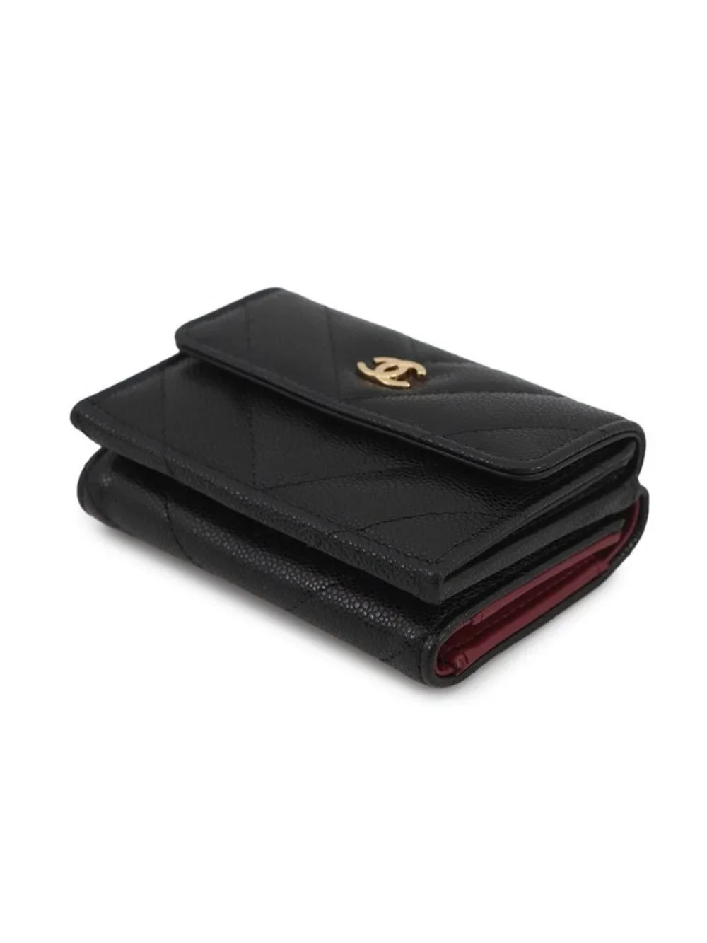 Chanel Trifold Wallet Chez Blanc Small Flap Compact Caviar Leather Black